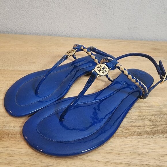 Tory Burch Sandals Womens Size 8 Blue Patent Leather Braided Thong Gold Logo - Picture 7 of 14